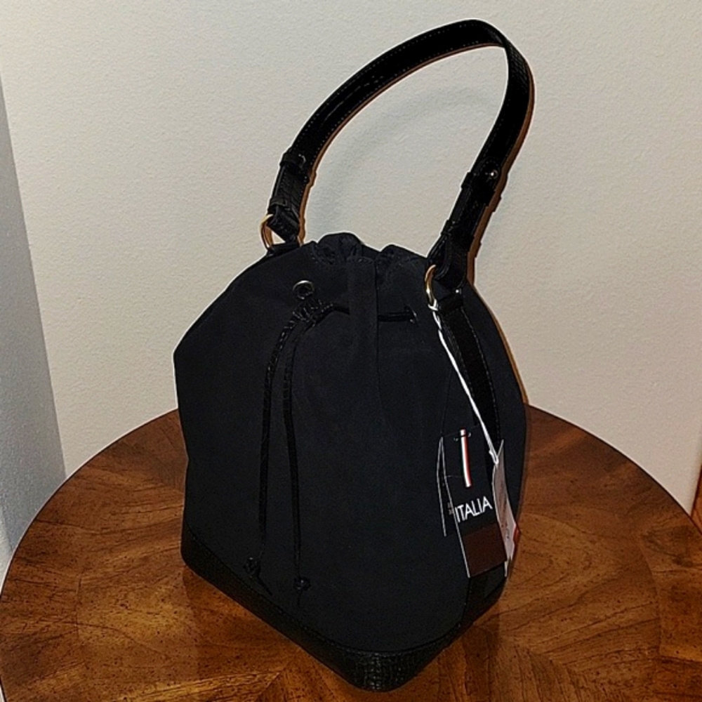 ISADORA Made in Italy Genuine Suede, Croco Trim Bucket Bag, Black NWT